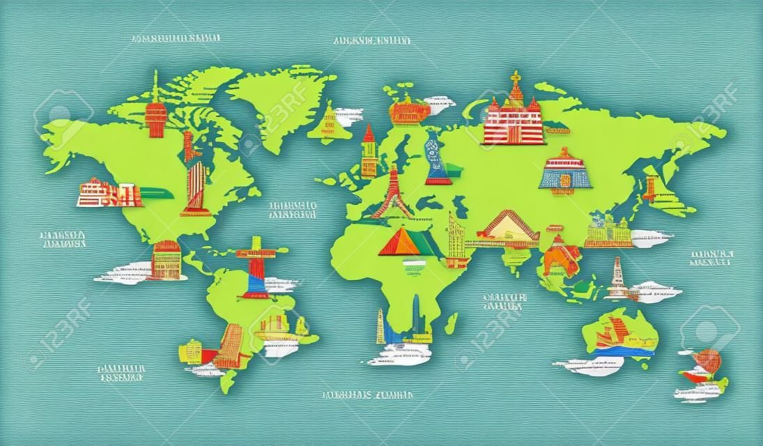 Weltkarte mit Wahrzeichen des berühmten Landsymbols