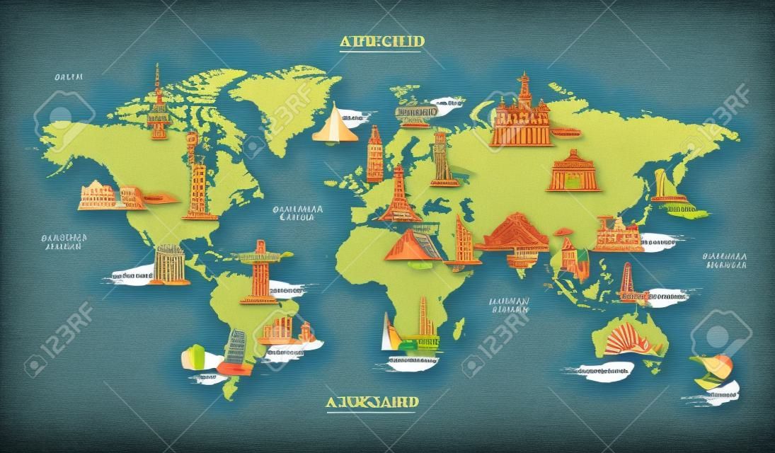世界地圖與著名的國家象徵的地標