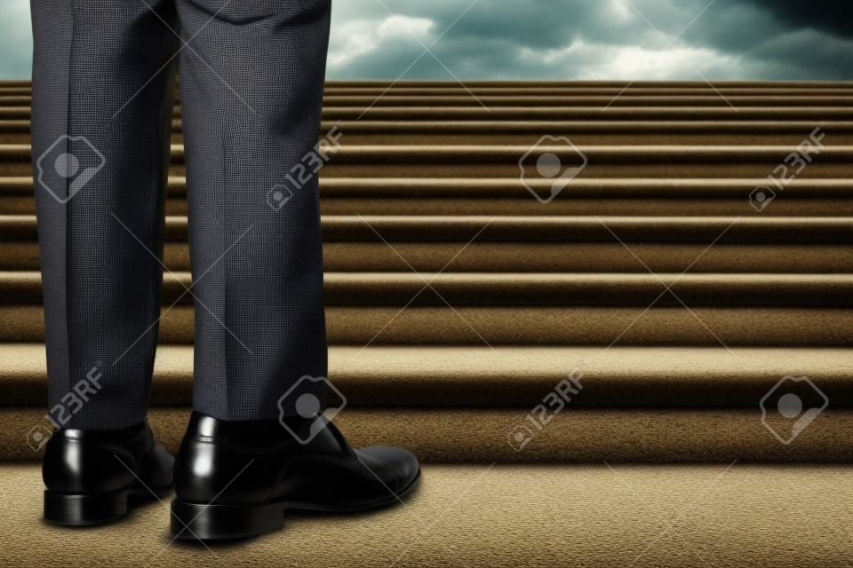Motivation and Challenging in Career. Successful Concept. Low Section of Businessman Standup on Staircase. Get Ready to Moving Forward. Male in Black Formal Dress