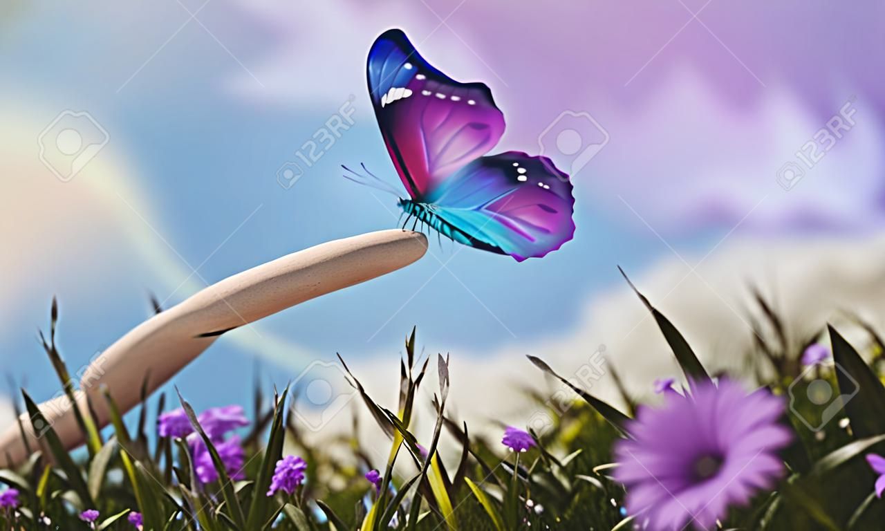 생활 개념의 조화. 정원에 있는 조약돌 돌 더미에 있는 초현실주의 나비. 자연과 기술의 균형에 대한 은유. 평온, 마음, 삶이 편안하고 자연에 의해 생활