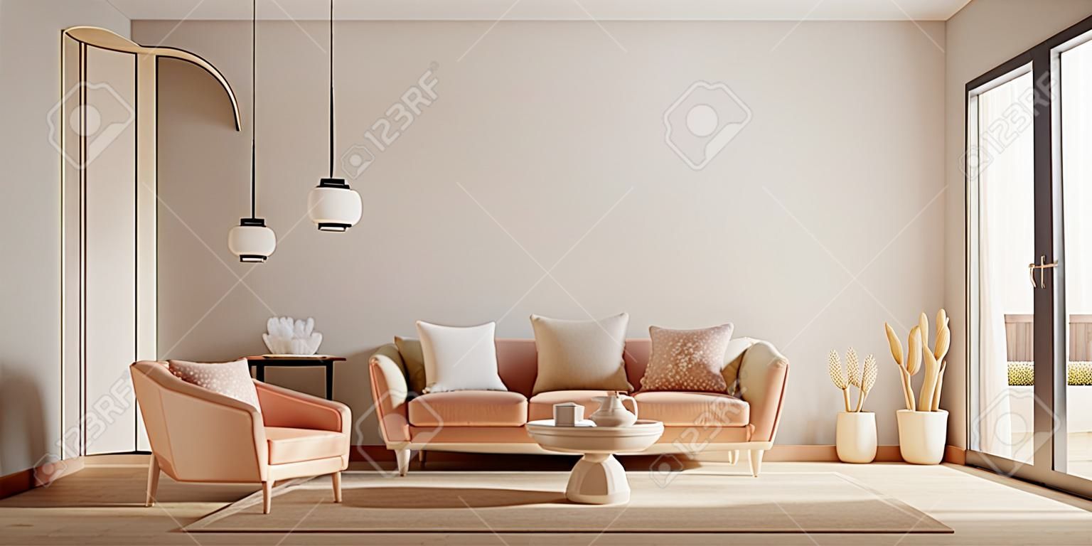 Woonkamer.Sofa en fauteuil met beige kleur.3d rendering