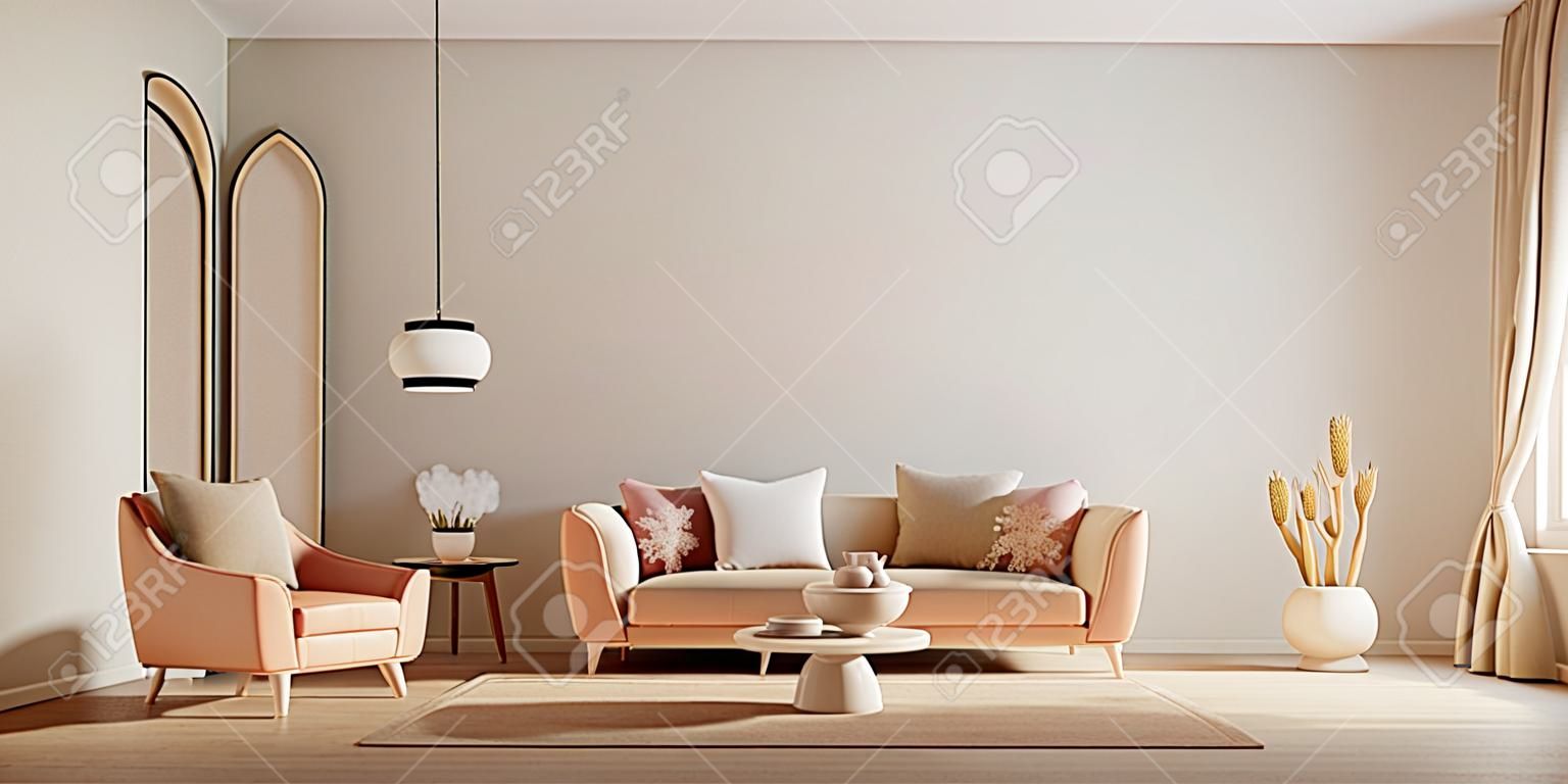 Sala de estar. Sofá y sillón con color beige. Representación 3d