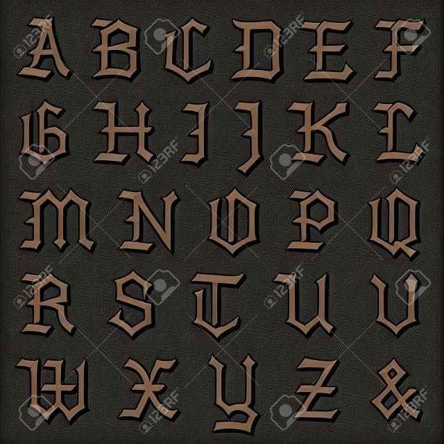 Ilustracja kompletnego alfabetu gotyckiego w czapkach, napisany w czarny