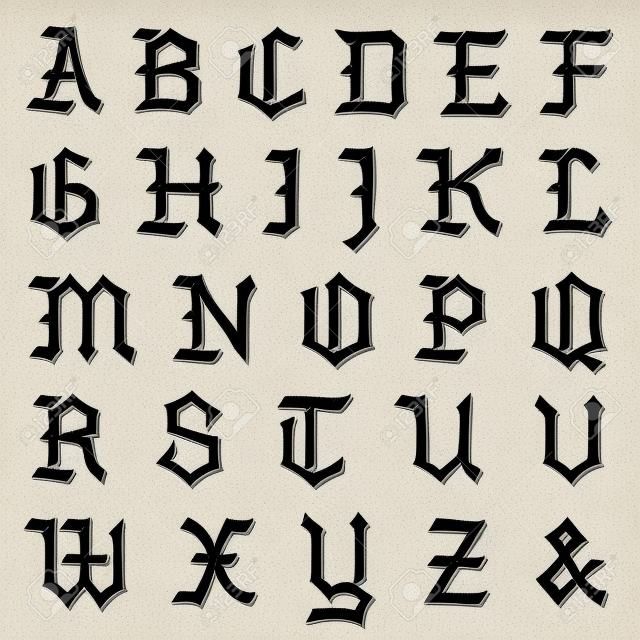キャップ、黒色表記での完全なゴシック様式アルファベットのイラスト