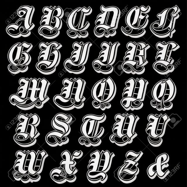Remplissez alphabet gothique majuscule dans un audacieux noir doodle avec des remous et s'épanouit décoratifs, illustration isolé sur blanc