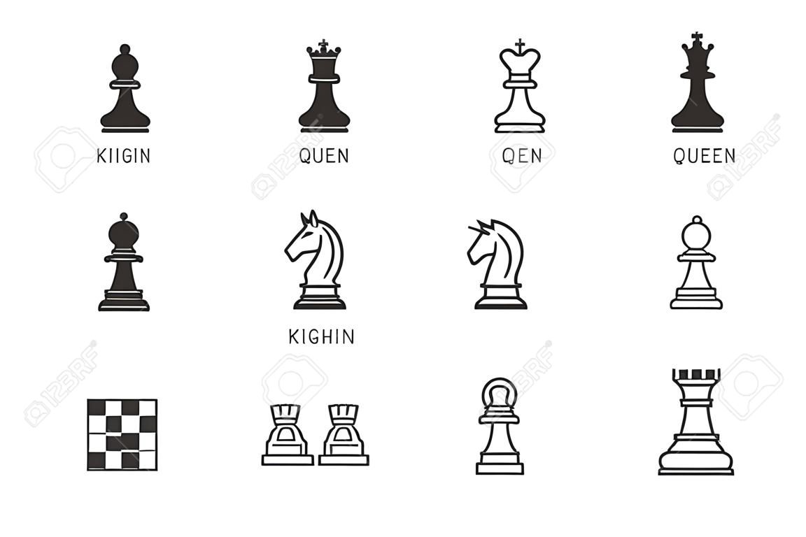 Schachfigur Symbol Leitung. Vektorgrafik von Bauer, Ritter, Königin, Bischof, Pferd, Turm. Schachmatt-Brett-Piktogramm