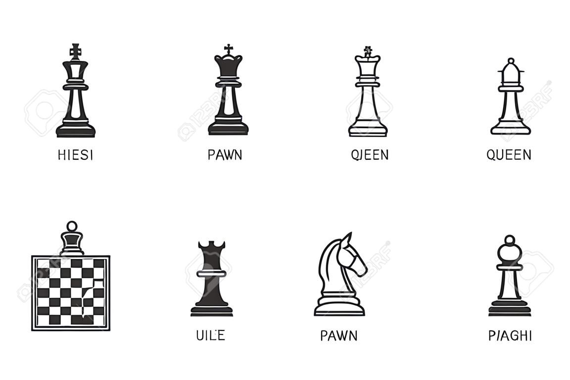 Schachfigur Symbol Leitung. Vektorgrafik von Bauer, Ritter, Königin, Bischof, Pferd, Turm. Schachmatt-Brett-Piktogramm