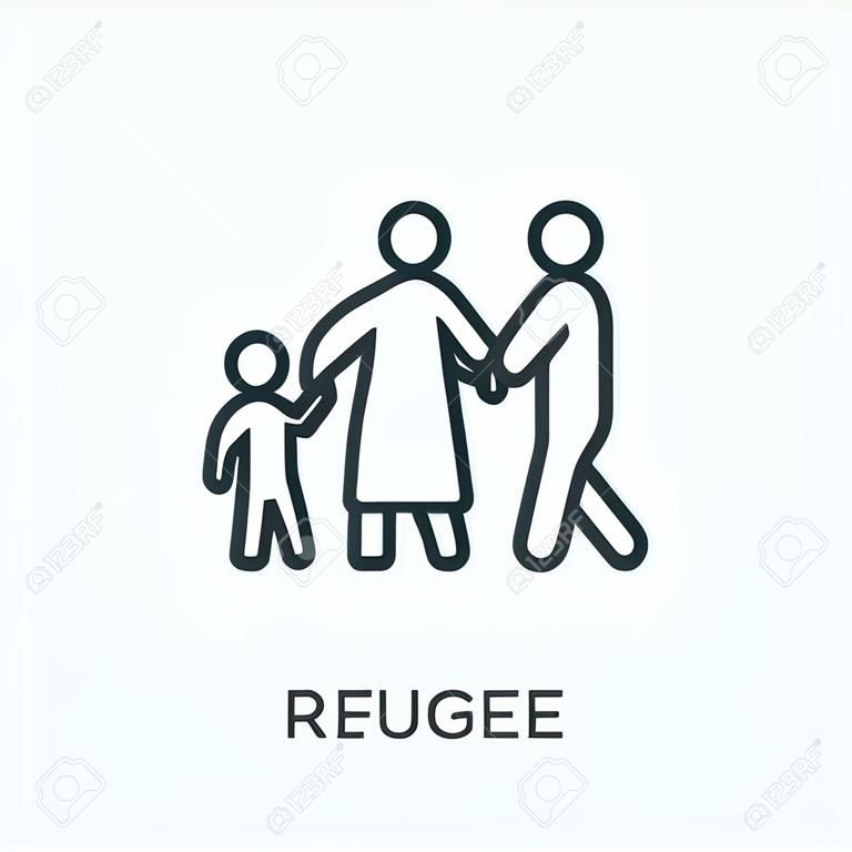 Symbol für flache Linie von Flüchtlingen. Vektorgrafik von Vertriebenen, die mit Gepäck, Mann, Frau und Kind spazieren gehen. Einwanderer dünnes lineares Piktogramm