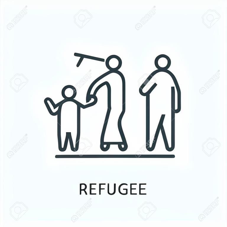 Icono de línea plana de refugiados. Ilustración de contorno vectorial de personas desplazadas caminando con equipaje, hombre, mujer y niño. Pictograma lineal delgado de inmigrantes
