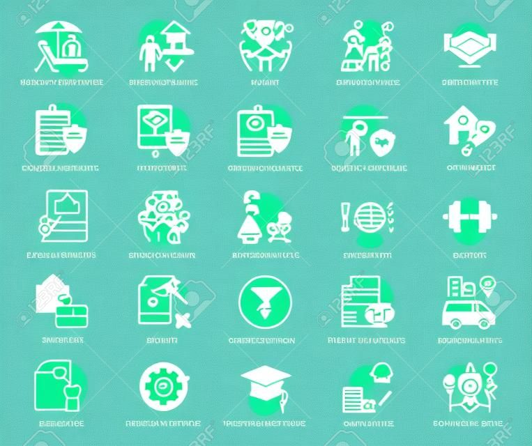 Employee benefits line icons. Vector illustration with icon - hr, perks, organization, maternity rest, sick leave outline pictogram for personal management. Green Color Editable Stroke