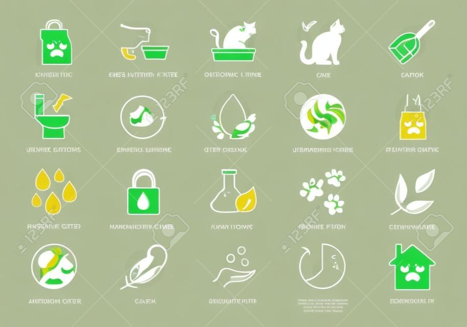 Cat nest lijn pictogrammen. Vector illustratie omvatten pictogram - zandbak, kitty lade filter, zak, biologisch afbreekbaar, natuurlijke omtrek pictogram voor dierlijke toilet absorbator.