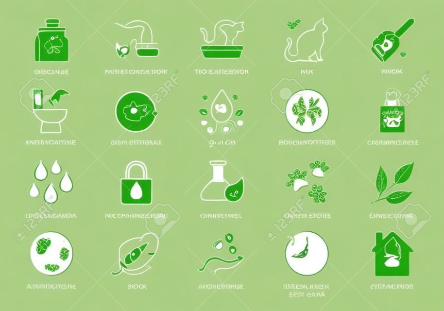 Cat litter line icons. Vector illustration include icon - sandbox, kitty tray filter, bag, biodegradable, natural outline pictogram for animal toilet absorber. Green Color, Editable Stroke