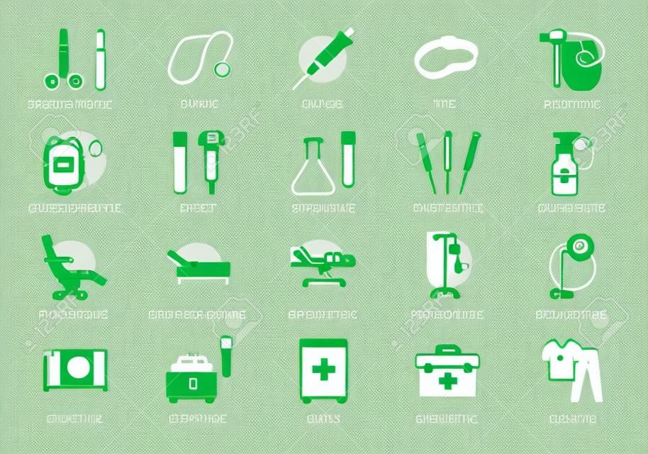 Iconos de línea de equipos médicos. La ilustración vectorial incluye icono: bolsa de sangre, bisturí, muebles médicos, aguja, pictograma de esquema de endoscopia para la tienda de atención médica. Color verde, Trazo editable