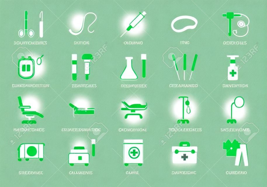 Iconos de línea de equipos médicos. La ilustración vectorial incluye icono: bolsa de sangre, bisturí, muebles médicos, aguja, pictograma de esquema de endoscopia para la tienda de atención médica. Color verde, Trazo editable