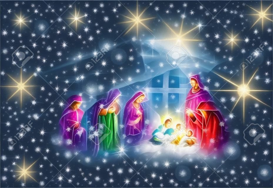 Navidad escena de la Natividad tarjeta rodeado de estrellas