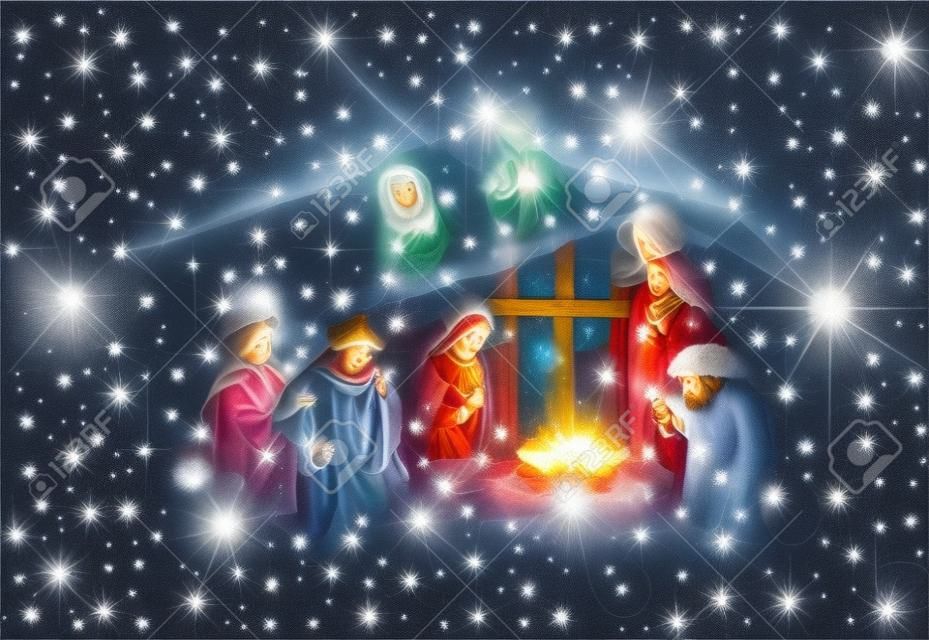 Christmas Card Nativity scene surrounded by stars
