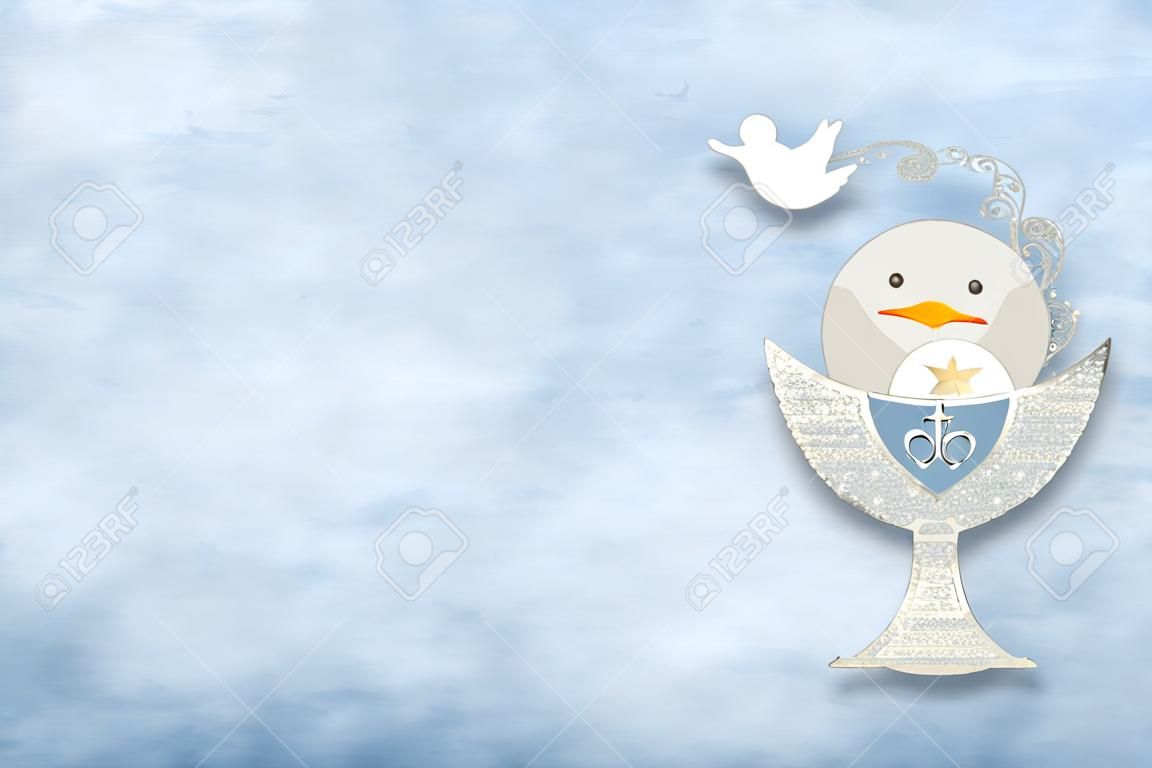 Eerste heilige communie uitnodiging kaart.Zilver kelk en duiven op blauw papier met kopieer ruimte om tekst en foto.