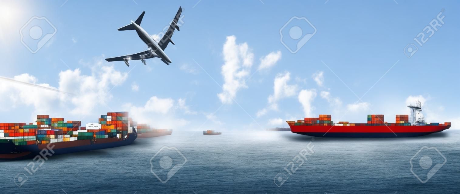 camion container, nave in porto e del carico di merci aereo nel trasporto e di import-export logistica commerciale, industria traffici marittimi