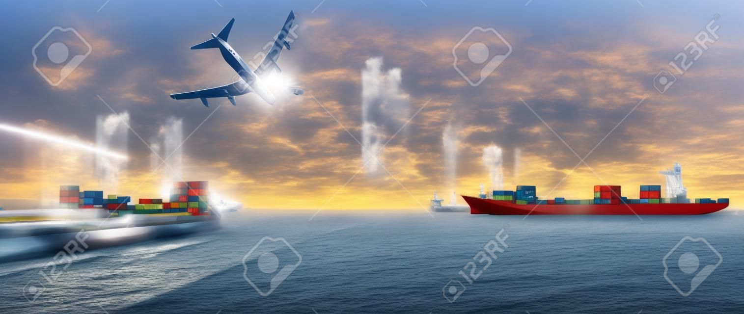 camion container, nave in porto e del carico di merci aereo nel trasporto e di import-export logistica commerciale, industria traffici marittimi