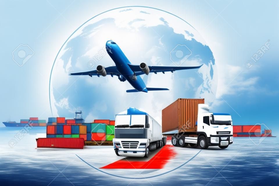 Transporte, importação-exportação e conceito de logística, caminhão de contêineres, navio no porto e avião de carga de frete no transporte e importação-exportação logística comercial, indústria de negócios de transporte