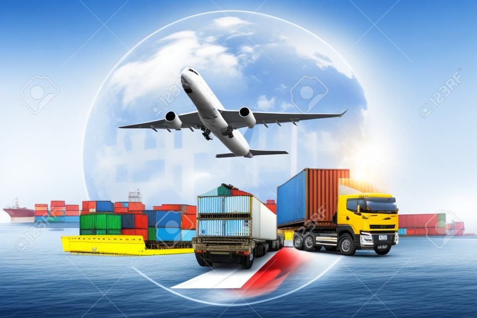 Transporte, importação-exportação e conceito de logística, caminhão de contêineres, navio no porto e avião de carga de frete no transporte e importação-exportação logística comercial, indústria de negócios de transporte