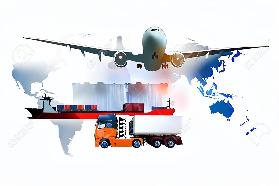 Światowa logistyka, istnieje mapa świata z dystrybucją sieci logistycznej w tle i logistyka Industrial Container Cargo statek towarowy dla koncepcji szybkiej lub natychmiastowej wysyłki