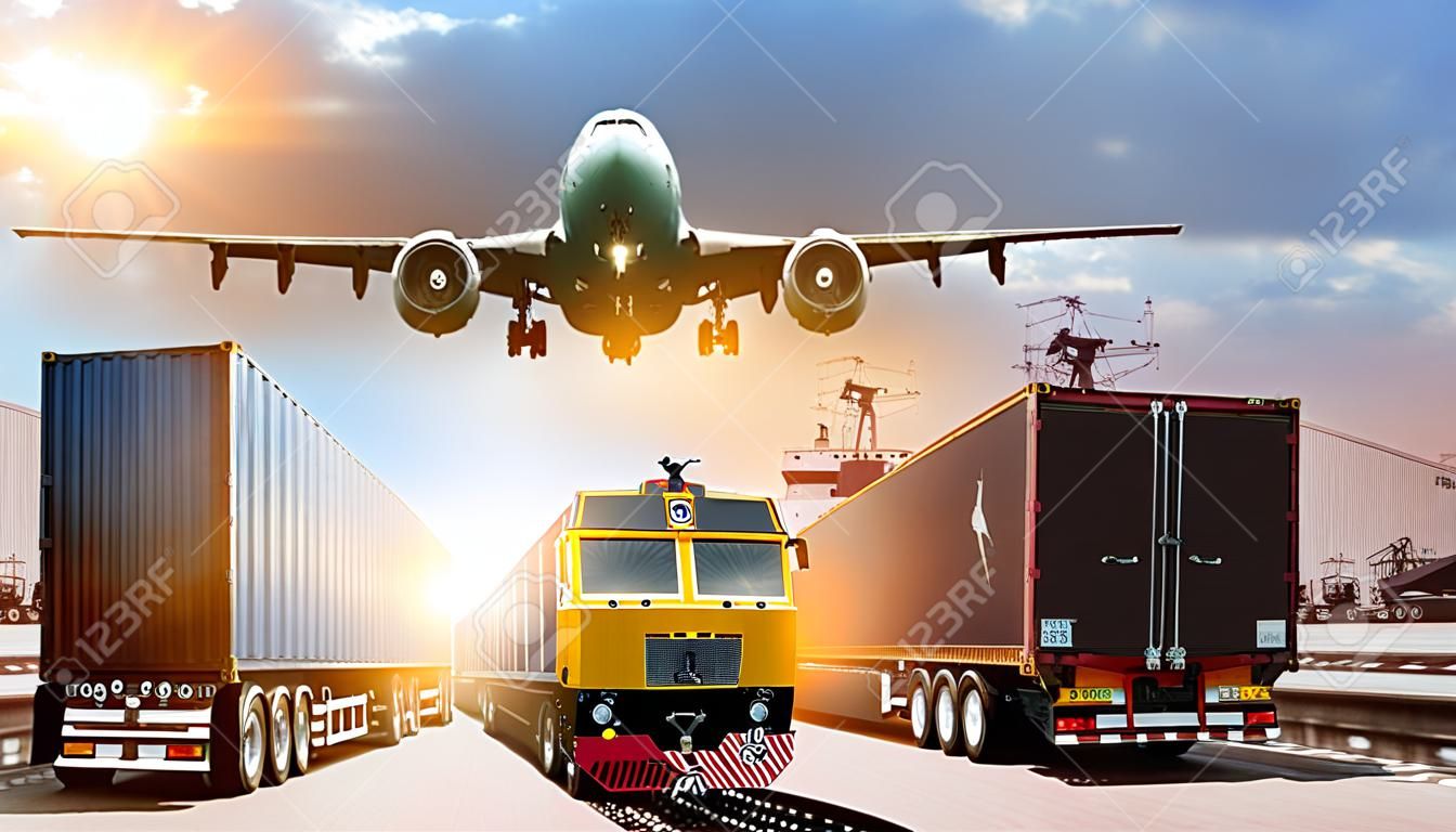 Double exposure of  logistic network distribution on background and Logistics Industrial Container Cargo freight ship for Concept of fast or instant shipping