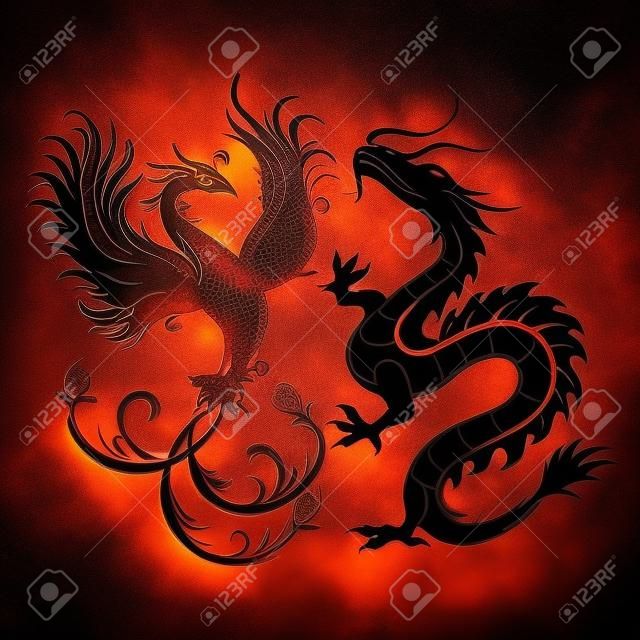 Silhouette der Vogel Phönix und Drachen. Symbol der Balance. Drachen, die in einer solchen Kombination ein Symbol der männlichen Yang-Energie sein würde, während Phoenix - die weibliche Energie verkörpern.
