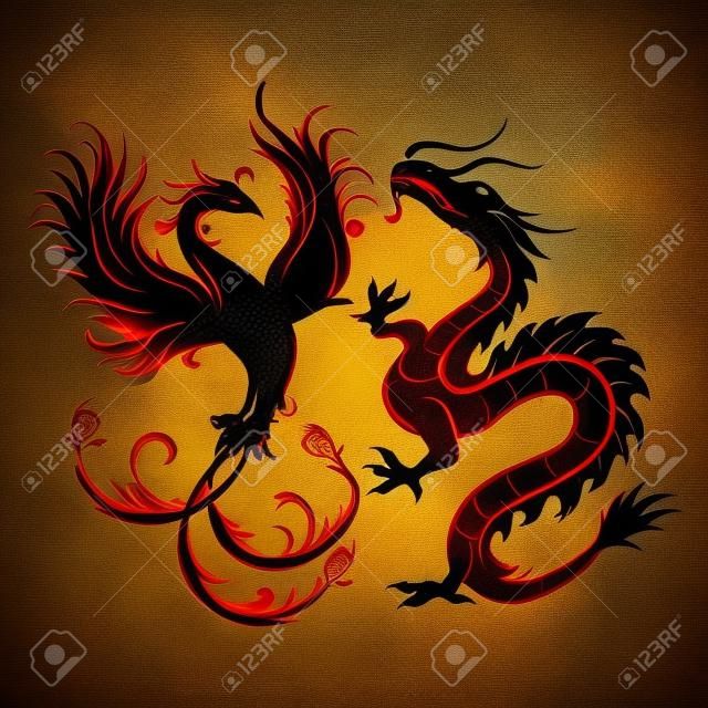 Silhouet van feniks vogel en draak. Symbool van balans. Draak die in zo'n combinatie een symbool van mannelijke Yang energie zou zijn, terwijl Phoenix - belichamen de vrouwelijke energie.