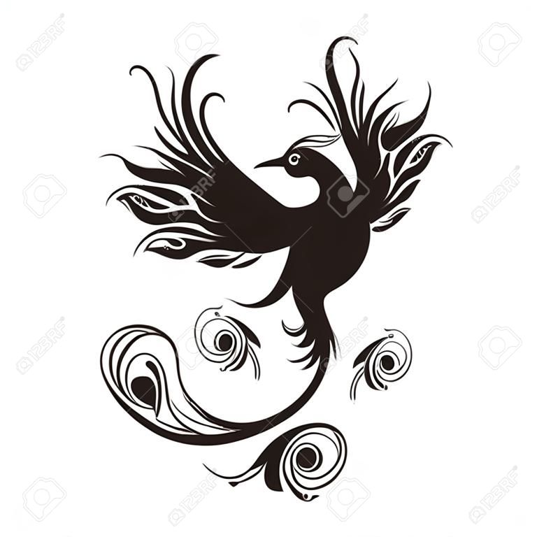Phoenix kuş siluet. ölümsüzlüğün simgesi. Ateşli bir kuş. Kabile vektör çizim. Beyaz arka plan üzerinde İzole.
