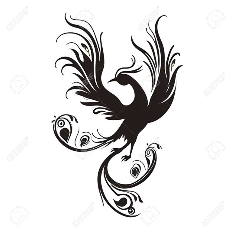 Phoenix kuş siluet. ölümsüzlüğün simgesi. Ateşli bir kuş. Kabile vektör çizim. Beyaz arka plan üzerinde İzole.
