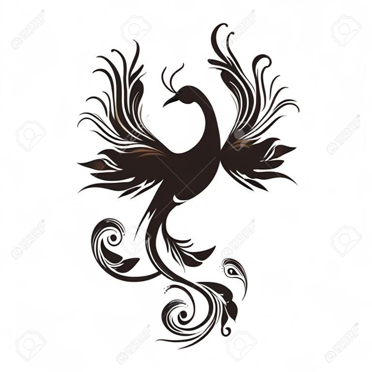 Phoenix bird silhouette. Simbolo di immortalità. uccello di fuoco. illustrazione vettoriale Tribal. Isolato su sfondo bianco.