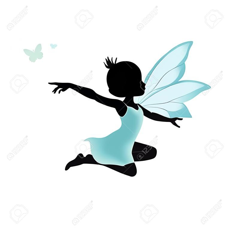 Silhouette of beautiful fairy. She is flying with butterfly.