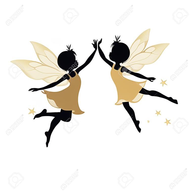 Silhouettes of beautiful fairy. They are dancing in a gold, gentle, air dress. Hand drawn, isolated on white background.