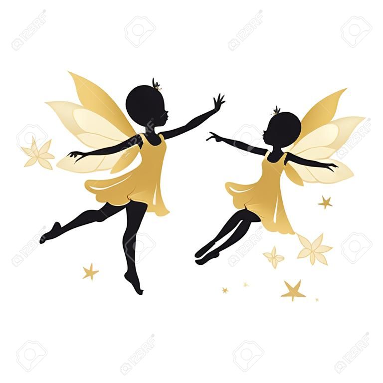 Silhouettes of beautiful fairy. They are dancing in a gold, gentle, air dress. Hand drawn, isolated on white background.