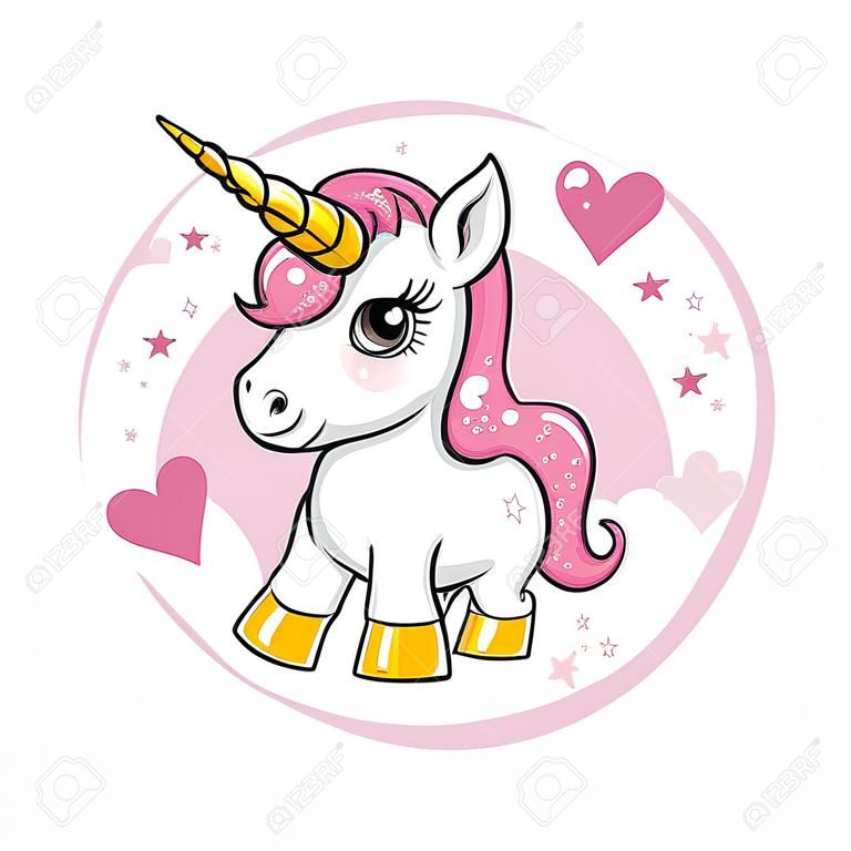 Cute magical unicorn. Vector design on white background. Print for t-shirt. Romantic hand drawing illustration for children.