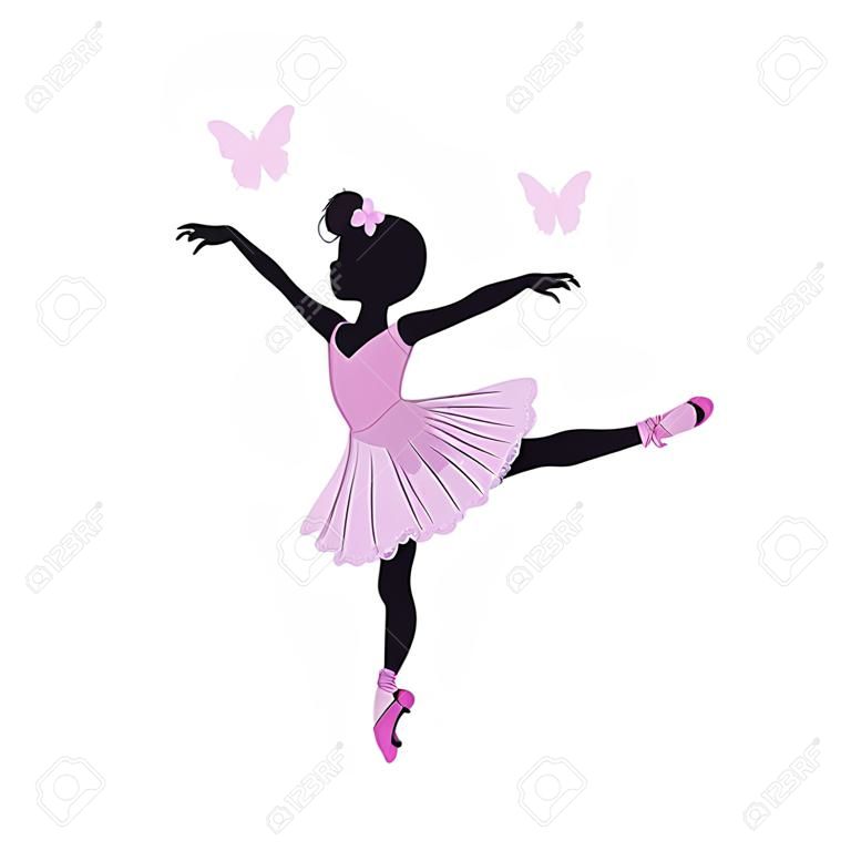 Silhueta de pequena bailarina bonito em vestido rosa isolado no fundo branco.