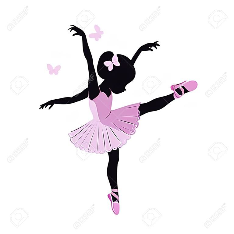 Silhouette aranyos kis ballerina rózsaszín ruhában elszigetelt fehér háttér.