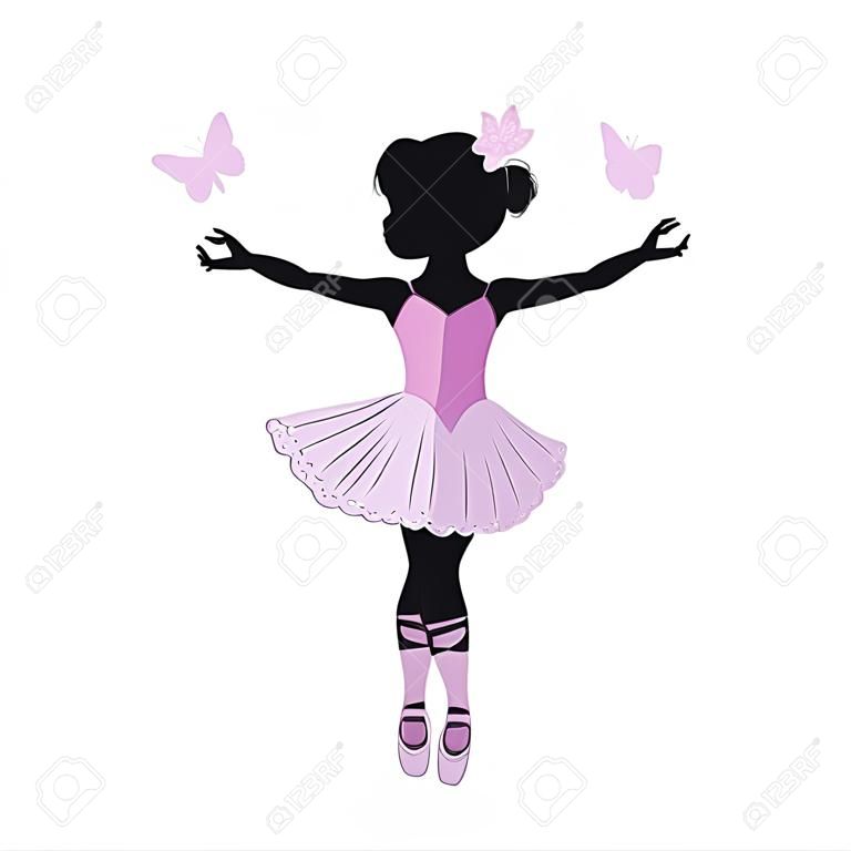 Sylwetka śliczna mała balerina w menchiach ubiera odosobnionego na białym tle.