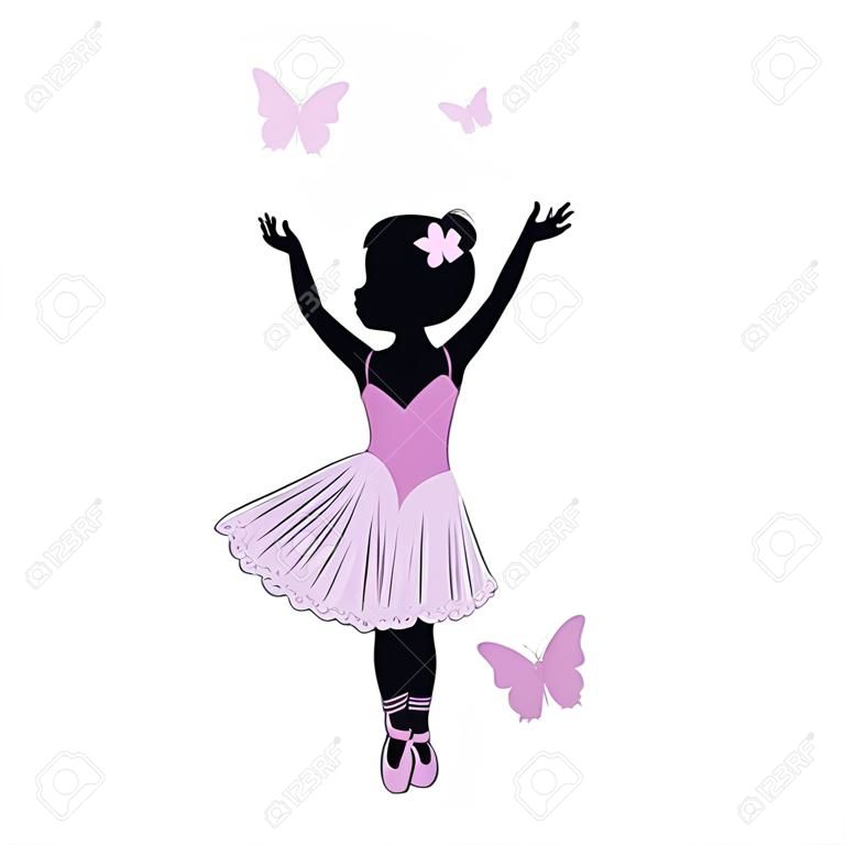 흰색 배경에 고립 된 핑크 드레스에 귀여운 작은 발레리 나의 실루엣.