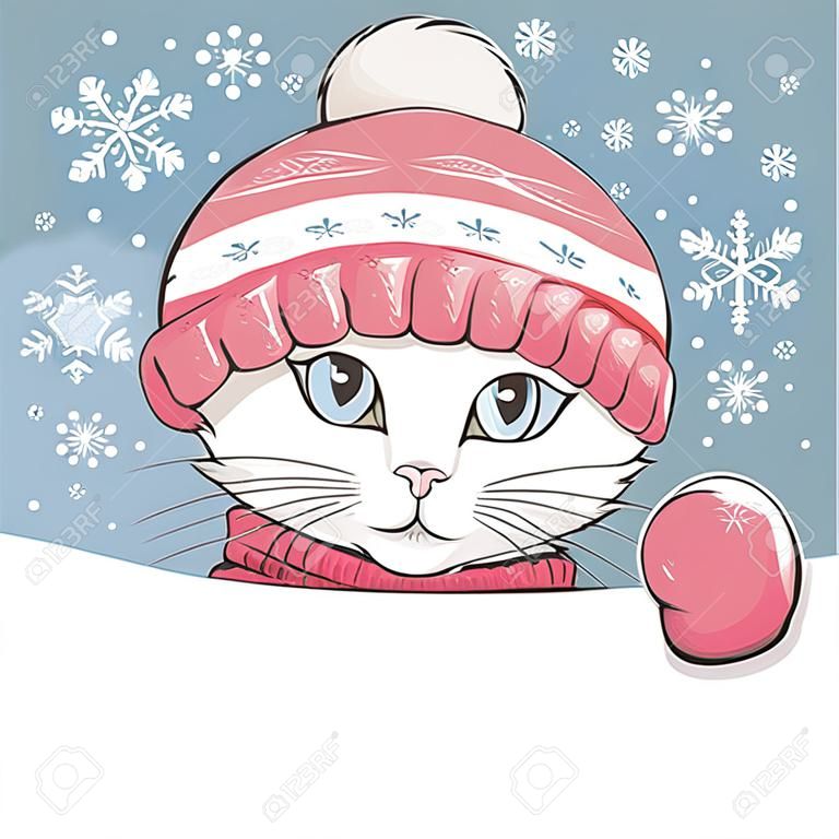 Lindo gatito lleva un sombrero de punto y mitones con adornos.