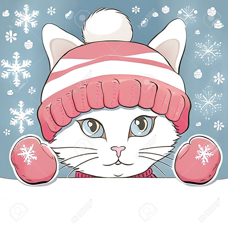 Gattino carino indossa un cappello lavorato a maglia e guanti con ornamento.