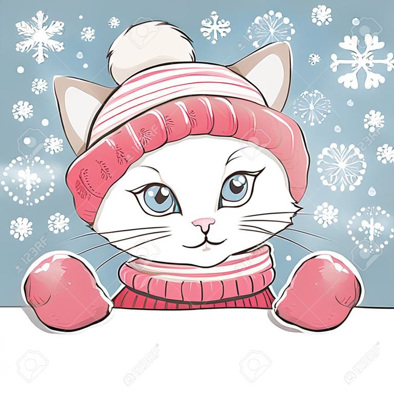 Mignon chaton porte un bonnet et des mitaines avec ornement.