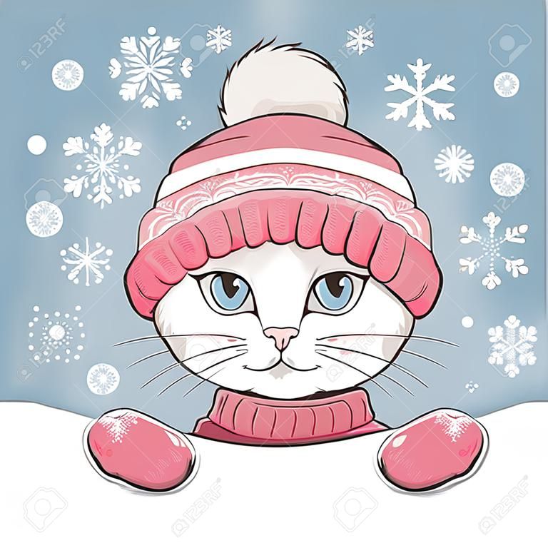 Lindo gatito lleva un sombrero de punto y mitones con adornos.