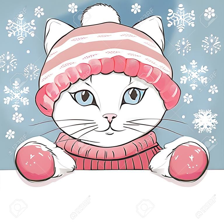 Nettes Kätzchen trägt eine Strickmütze und Handschuhe mit Verzierung.