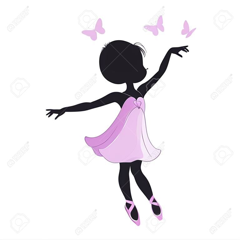 白い背景で隔離のピンクのドレスにかわいい小さなバレリーナのシルエット。ベクター デザイン。T シャツの印刷します。ロマンチックな手に子供のための図を描画します。