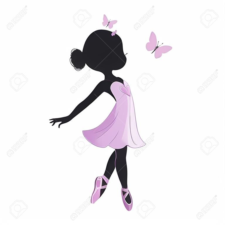 白い背景で隔離のピンクのドレスにかわいい小さなバレリーナのシルエット。ベクター デザイン。T シャツの印刷します。ロマンチックな手に子供のための図を描画します。