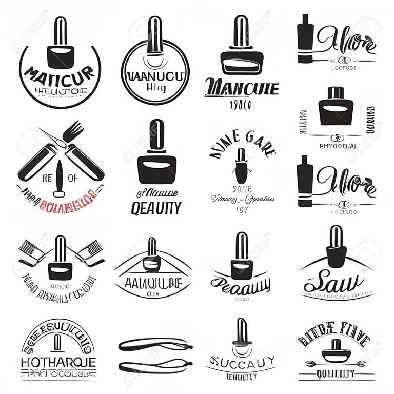 Manicure e pedicure, conjunto de salão de beleza de logotipos vintage vetoriais