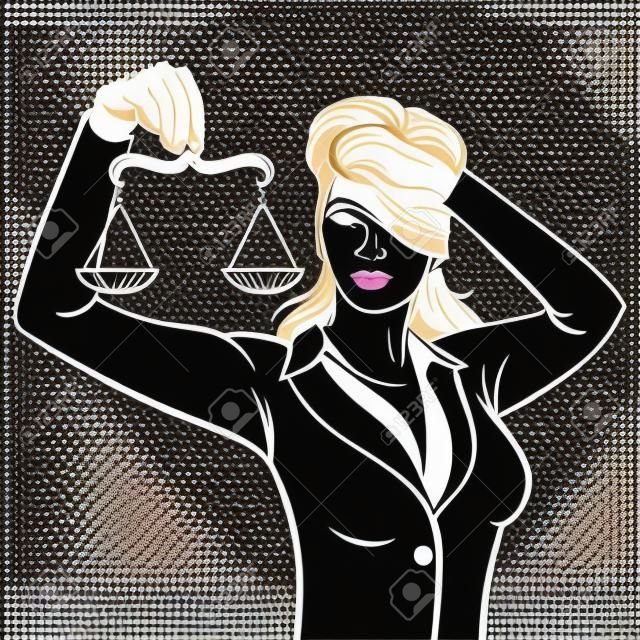 Vector hand drawn pop art illustration of young woman with the Libra in her hand. Concept for Themis and the Law. Retro style. Hand drawn sign. Illustration for print, web.