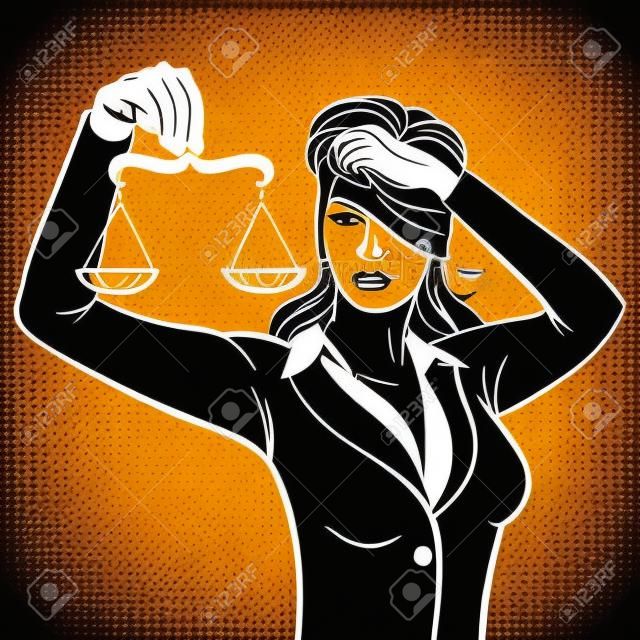 Vector hand drawn pop art illustration of young woman with the Libra in her hand. Concept for Themis and the Law. Retro style. Hand drawn sign. Illustration for print, web.
